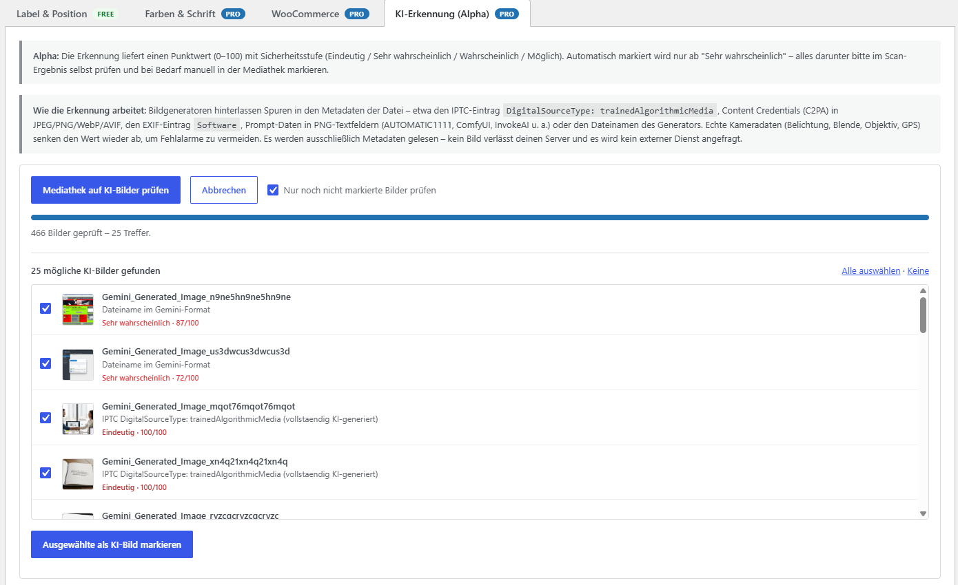 Automatische KI-Erkennung in der WordPress-Mediathek mit Punktwert und Sicherheitsstufe